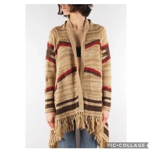 Ralph Lauren Ortega Southwestern Camel Muti Linen Blend Fringe Cardigan Size S/M